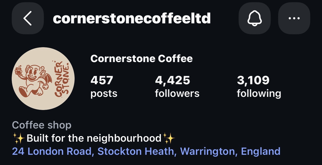 Cornerstone Coffee Instagram profile displaying Built for the neighbourhood