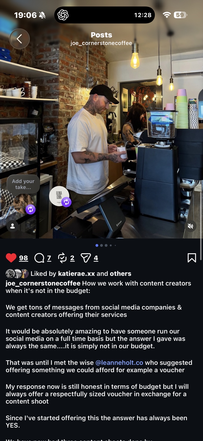 The owner’s post acknowledging Leanne’s suggestion of vouchers in exchange for content shoots