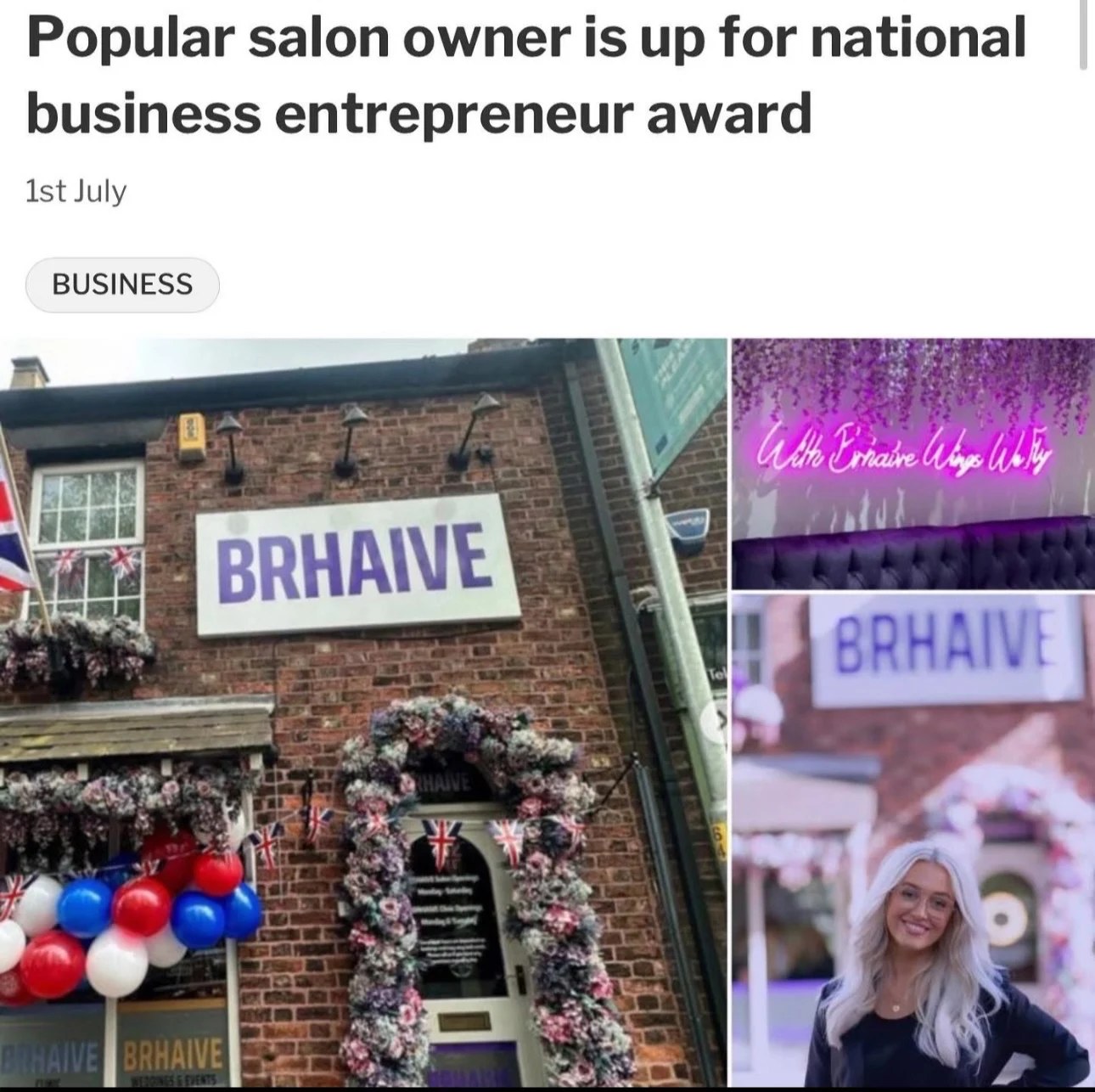 Press coverage of Leanne’s business award nomination
