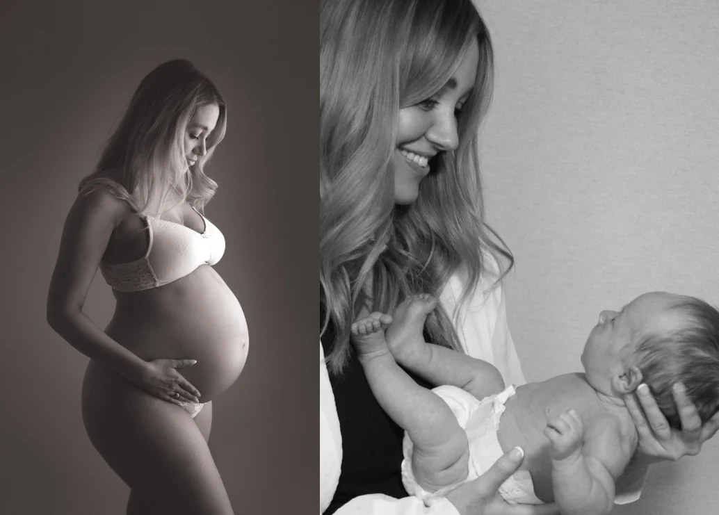 Leanne during pregnancy and with Hudson